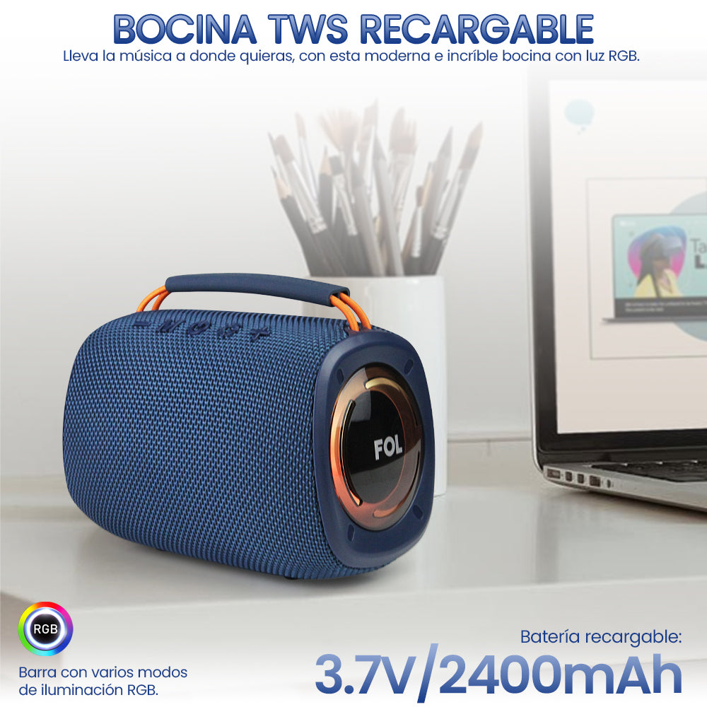 BOCINA TWS RECARGABLE CON LUZ Y CORREA INTEGRADA
